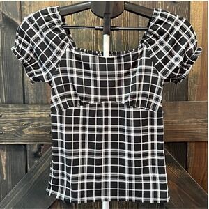 The Commons Womens XL Black White Plaid Puff Short Sleeve Smocked Back Top